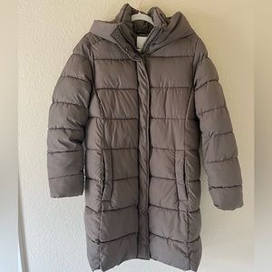 Light brown/olive green ish long puffer for colder climates